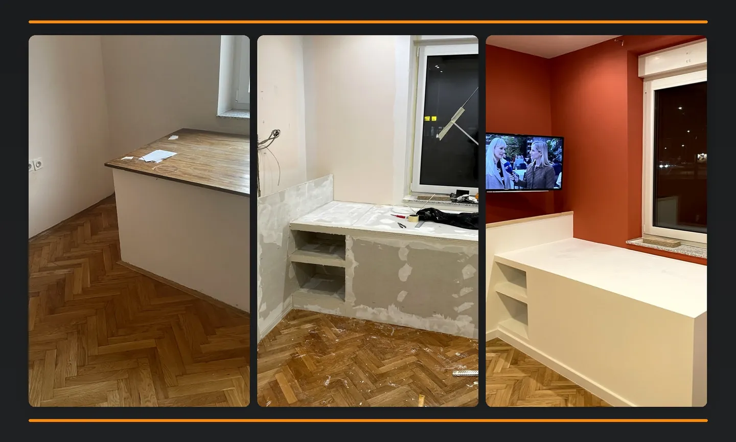 Kolaz izrade pulta i završnog interijera.